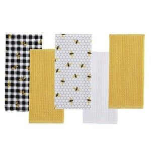 Honey Bee Kitchen Towels 5-Pc Honeycomb White Black Checks Yellow Honeybee Gift